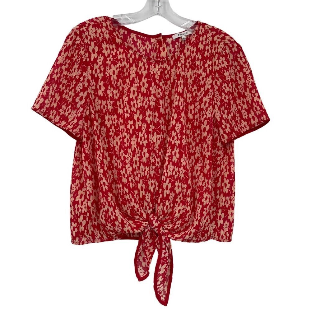 Madewell Crinkled Button Back Tie Tee In Full Bloom‎ Women's Small Boxy Relaxed